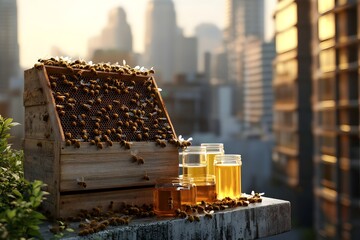 Urban Rooftop Beekeeping Colony with Wooden Hive and Honey Containers in Moody Chiaroscuro Lighting