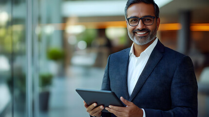 Confident Businessman Holding Tablet in Modern Office Building