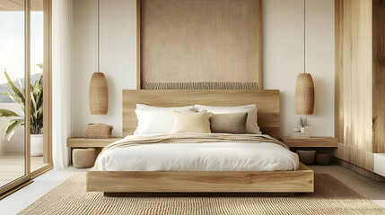 Minimalist Bedroom Design with Natural Elements: Modern Wood Bed Frame and Woven Pendant Lights