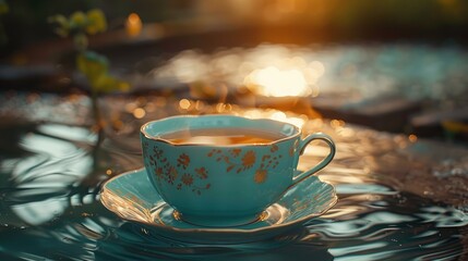 Fototapeta premium Cup brimming with lively waves placed on a stable surface without spilling.