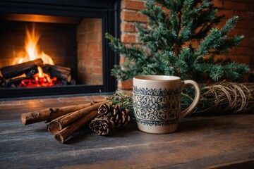 Warm cozy fireplace with real wood burning in it. Cozy winter concept. Christmas and travel background