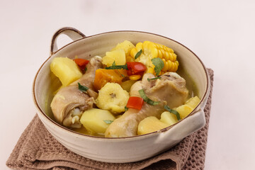 Chicken Sancocho is Traditional Colombian Chicken Stew with Corn, Yuca and Plantain. 