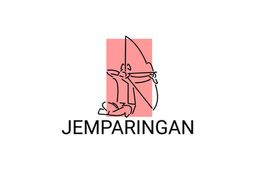 Translation: archery,  Jemparingan sport vector line icon. an athlete playing jemparingan. traditional sport form java, Indonesia. sport pictogram, vector illustration.