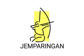 Translation: archery,  Jemparingan sport vector line icon. an athlete playing jemparingan. traditional sport form java, Indonesia. sport pictogram, vector illustration.