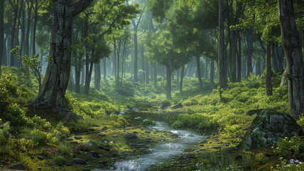 Obraz premium an image of a forest with a small clearing and a gentle stream flowing through it