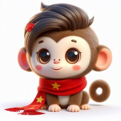 Naklejka premium cute 3d fluffy monkey character with red vietnamese style scarf, white background