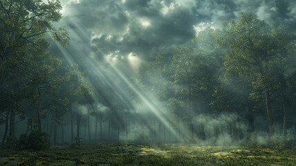 an image of a forest with shafts of light breaking through the clouds and illuminating the ground