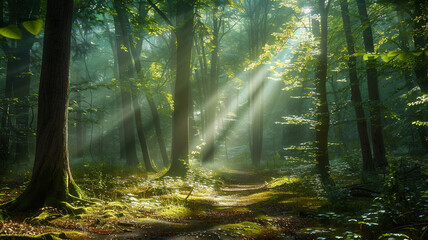 Obraz premium an image of a forest with sunlight breaking through the canopy and illuminating the ground