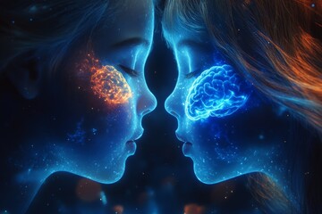 Affective touch Futuristic depiction of two women with digital neural connections symbolizing the advanced technological bond and mental synergy