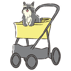 犬が乗ったペットカートの手描きイラスト