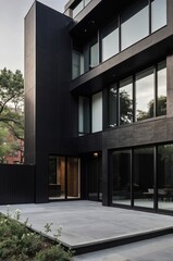 Obraz premium A modern black building with large windows and a minimalist design.