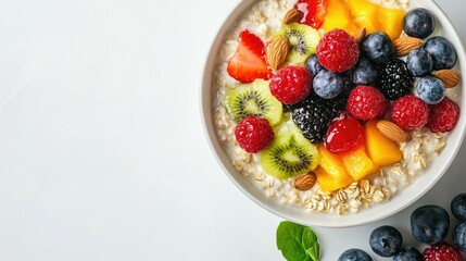 A bowl of oatmeal topped with fresh fruits and nuts, set on a plain white surface with space for copy.