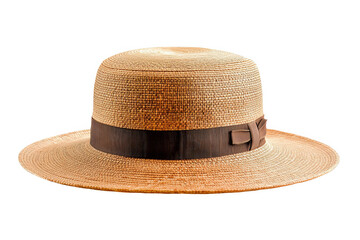 A straw hat with a wide brim and a brown ribbon around the crown. The hat is made of woven straw and has a slightly rounded crown.