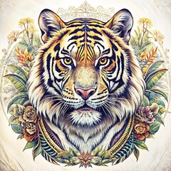 Fototapeta premium Tiger Head with Floral Ornament, Artistic Design, T-Shirt Print