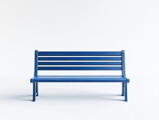 Blue bench placed in the lower third of a plain white background, minimal design, clean and uncluttered, ideal for product placement, shot with a Sony Alpha A7 IV