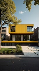 Naklejka premium A modern yellow house with large windows and a landscaped front yard.