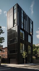 Fototapeta premium A modern, sleek black building with large windows in an urban setting.