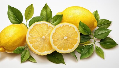 Set of lemons and leaves, isolated on white background	