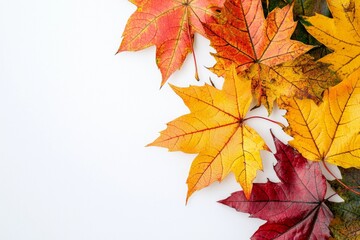 Fototapeta premium Autumn Maple Leaves Flat Lay White Background created with Generative AI