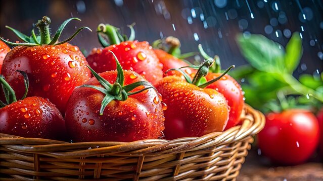 Close up of ripe tomatoes in a basket with water droplets - Powered by Adobe