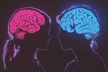 Heart brain connection Silhouette profiles of two women with glowing brains representing the illuminated mental connection in a deep intellectual bond