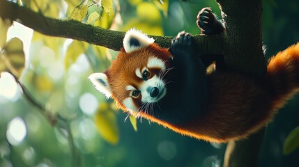 Fototapeta premium Red Panda Hanging on a Branch