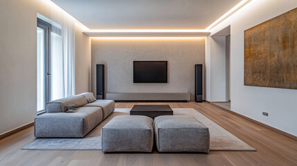 Modern minimalist living room interior with futuristic led lighting