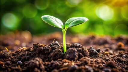 Vibrant green sprout symbolizing growth renewal surrounded by seeds and natural compost