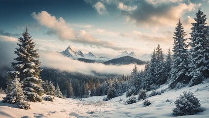 Naklejka premium Winter landscape with snow and fir trees as vintage christmas wallpaper