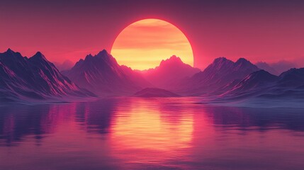 3D rendering of an abstract geometric background with a violet-yellow sunset, surreal hills, flat glass triangles, and reflections in mirror-like water, creating a minimalist wallpaper.