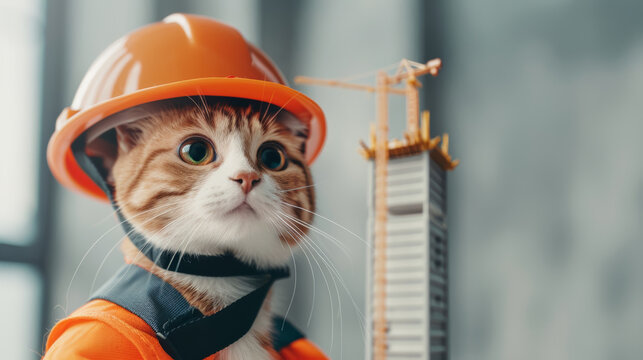 Cute cat dressed as a construction worker with a hard hat and vest, standing near a model construction site.