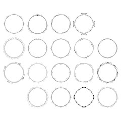 Set Abstract Collection Black Simple Line Round Circle With Leaf Leaves Frame Flowers Doodle Outline Element Vector Design Style Sketch Isolated Illustration For Wedding And Banner