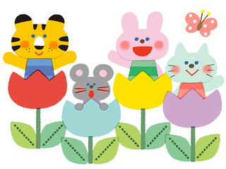 チューリップと動物たち