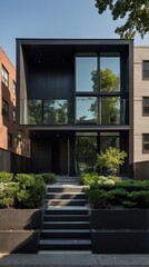 Fototapeta premium Modern house facade with large windows and greenery.