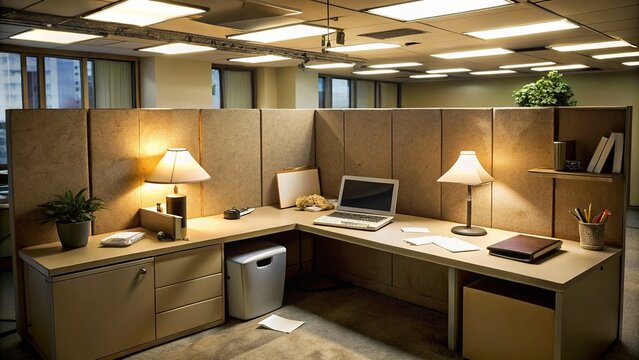 A beige office cubicle is bathed in pale fluorescent light, with a laptop and paperwork scattered about, surrounded by outdated supplies.