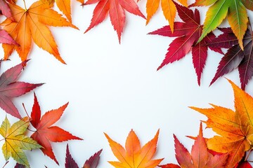 Fototapeta premium Autumn Maple Leaves Flat Lay White Background created with Generative AI