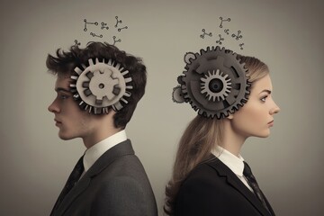 Relationship growth Side profile of a businesswoman and businessman with visible gears in their heads symbolizing the mechanical precision and efficiency in their work