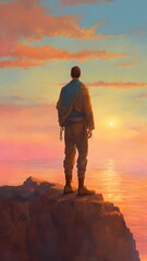 Solitary Figure Contemplating the Sunset Over a Tranquil Sea