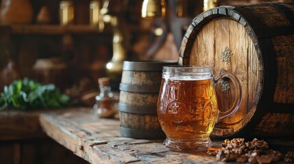 Authentic Russian Kvass Fermented in Rustic Wooden Barrel for Traditional Drink