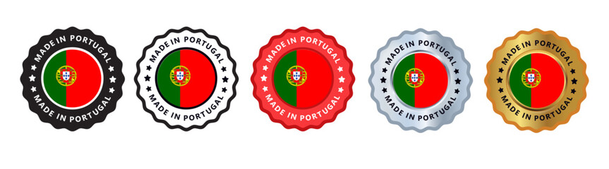 Made in portugal set of sign stamp badge, with varian color red, silver, gold, black suitable for products manufactured, military, agriculture or food vector illustration eps editable text