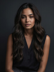 Fototapeta premium Beautiful woman in profile with long and shiny wavy hair . Beauty model girl with simple hairstyle . Jewelry, Beauty, makeup and cosmetics .