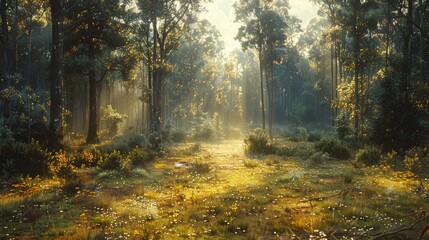 Obraz premium A tranquil forest scene with dappled sunlight filtering through the trees, calming rhythms in nature