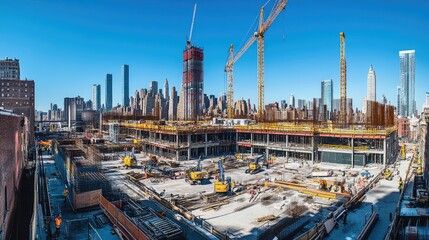 A construction site with cranes and buildings against a clear blue sky in an urban setting.