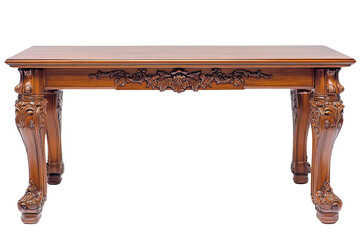 A mahogany table with intricate carving on the legs and front edge.