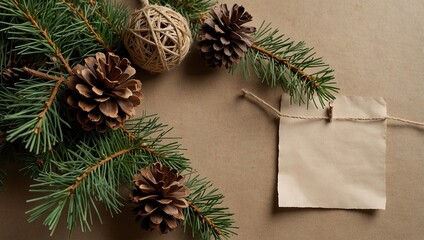 christmas garland made from pine cone and natural jute twine. Square composition, top view, flat lay. Eco friendly xmas mockup with white paper blank