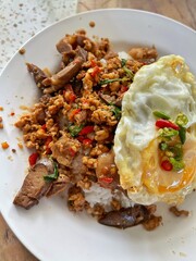 Rice topped with stir-fried pork and basil, Rice topped with stir fried minced pork and basil