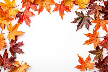 Fototapeta premium Autumn Maple Leaves Flat Lay White Background created with Generative AI