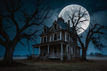 A haunted house with dead tree on Halloween night.