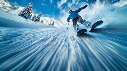 A back skier in a blue wetsuit, glides swiftly down a snow-covered slope with stunning mountain scenery under a bright blue sky, skis in action with motion blur, extreme sport background 