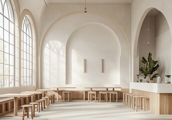 Obraz premium Modern minimalist-style cafe interior design with light wood and white colors․